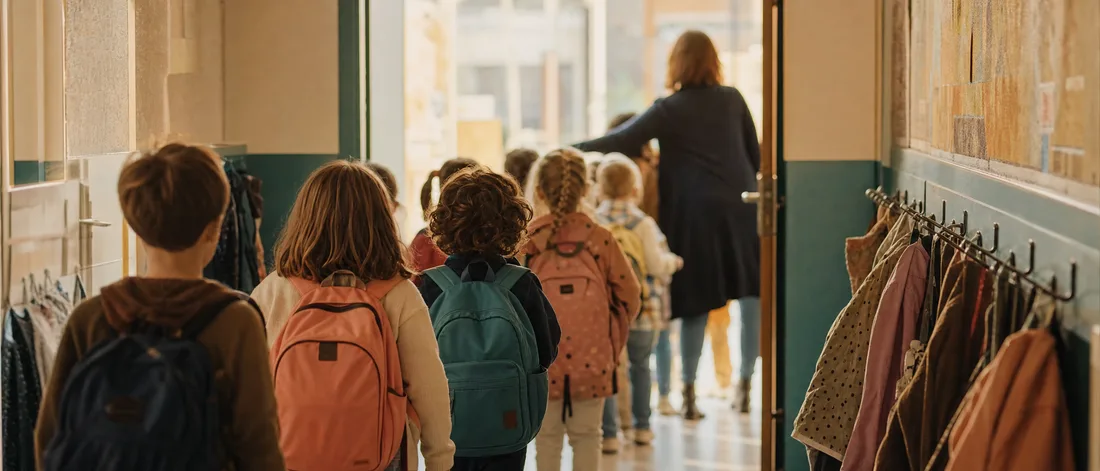Des élèves de dos, cartables colorés, entrent en classe accueillis par leur enseignante