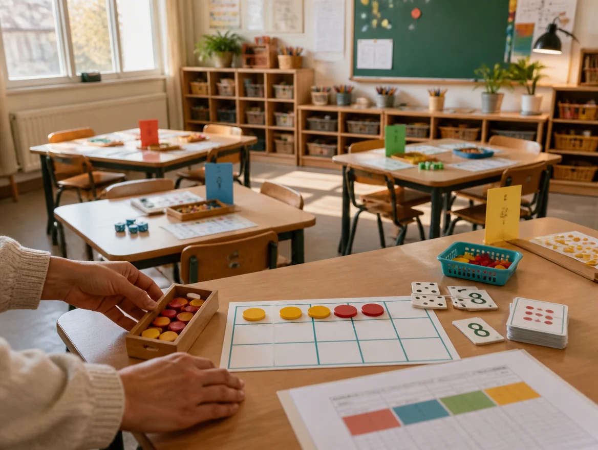Des tables d’atelier avec du matériel de numération et des repères de groupe colorés