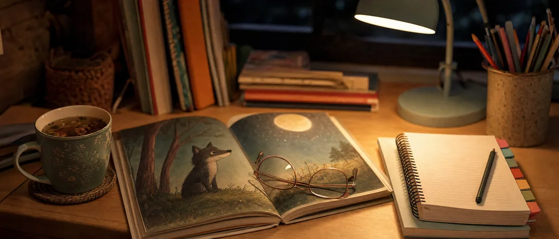 Un bureau d'enseignante le soir : l'album du loup ouvert, notes et planner sous la lampe