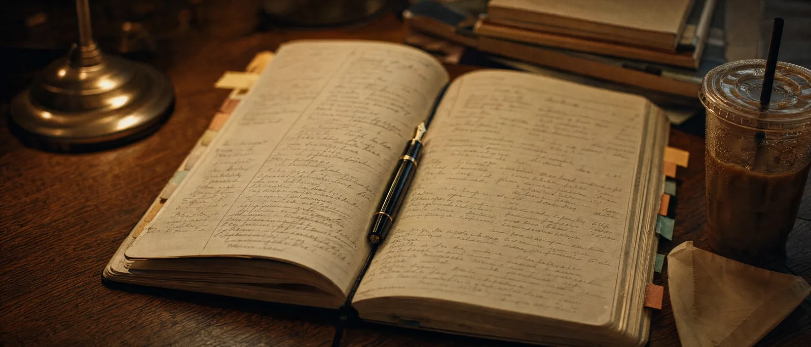 Un ancien cahier journal manuscrit ouvert sous une lampe, stylo plume posé dans la pliure