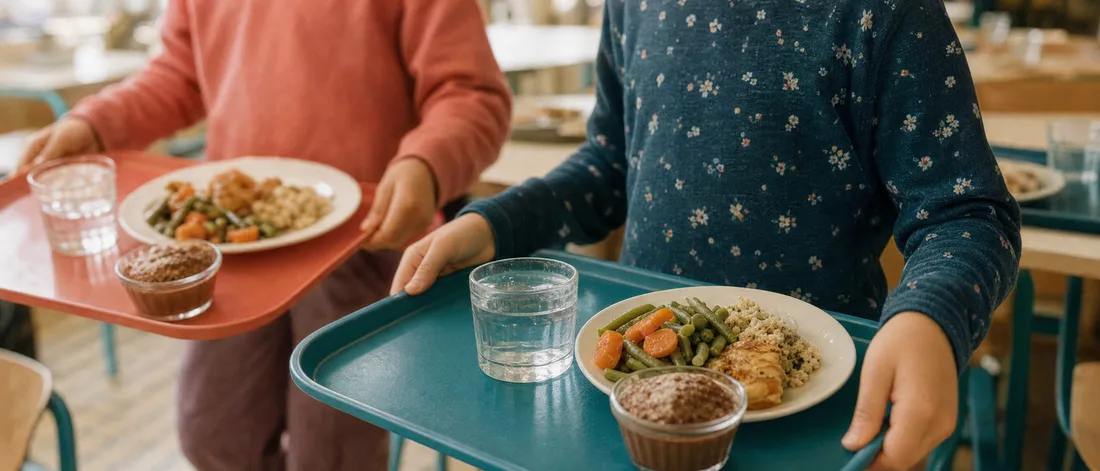 Des mains d'enfants portent des plateaux colorés dans une cantine scolaire lumineuse