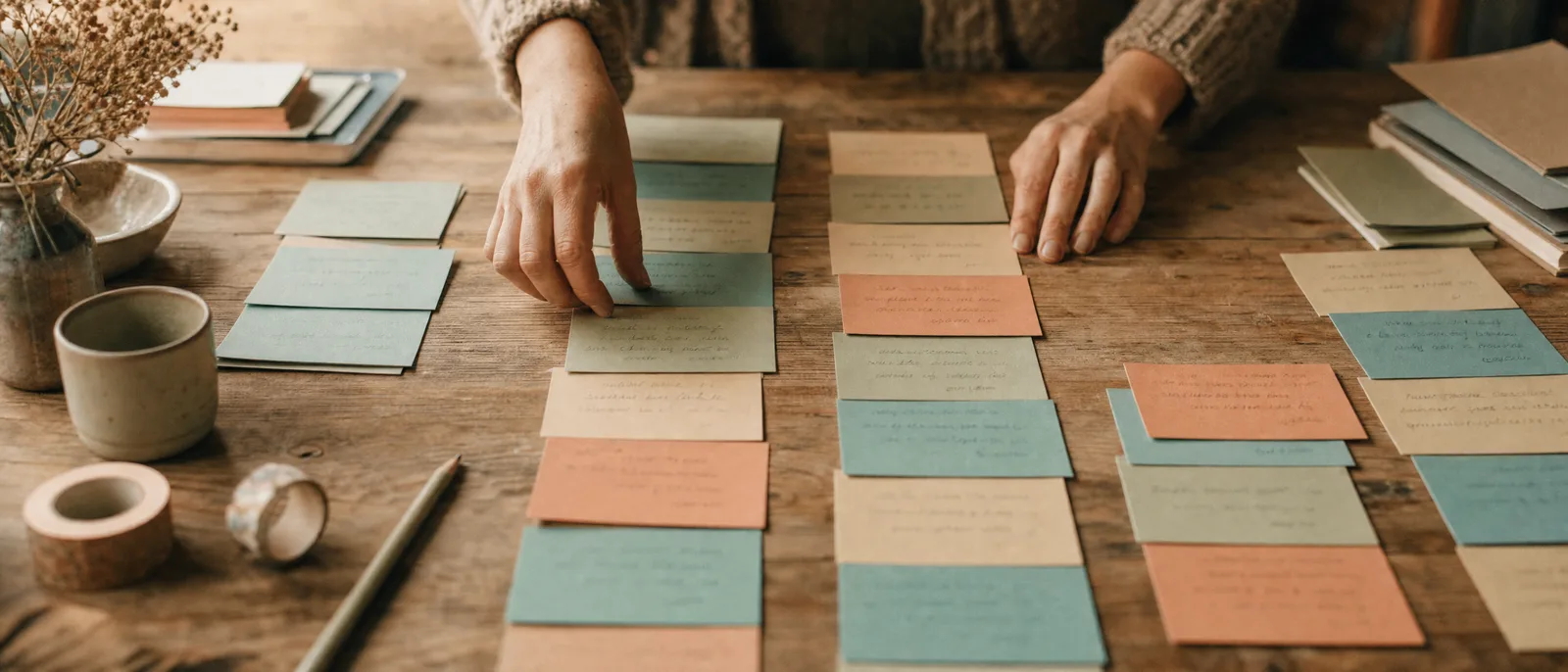 Des cartes de séquences colorées étalées sur une table en bois