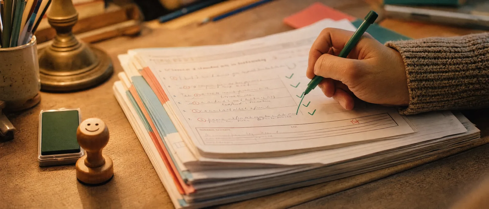 Une pile de copies corrigées au stylo vert, tampon smiley posé à côté