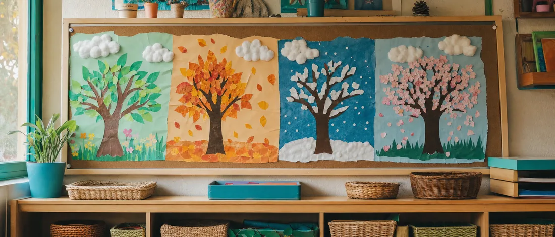 Une frise des saisons en papier découpé affichée dans une classe