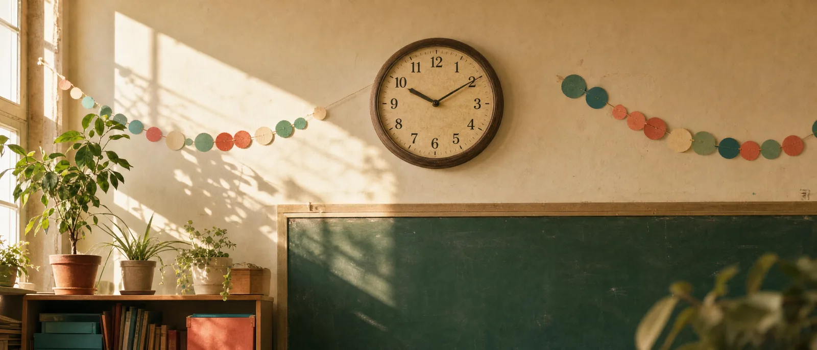 Une horloge de classe au-dessus d'un tableau vert, guirlandes en papier et lumière du matin