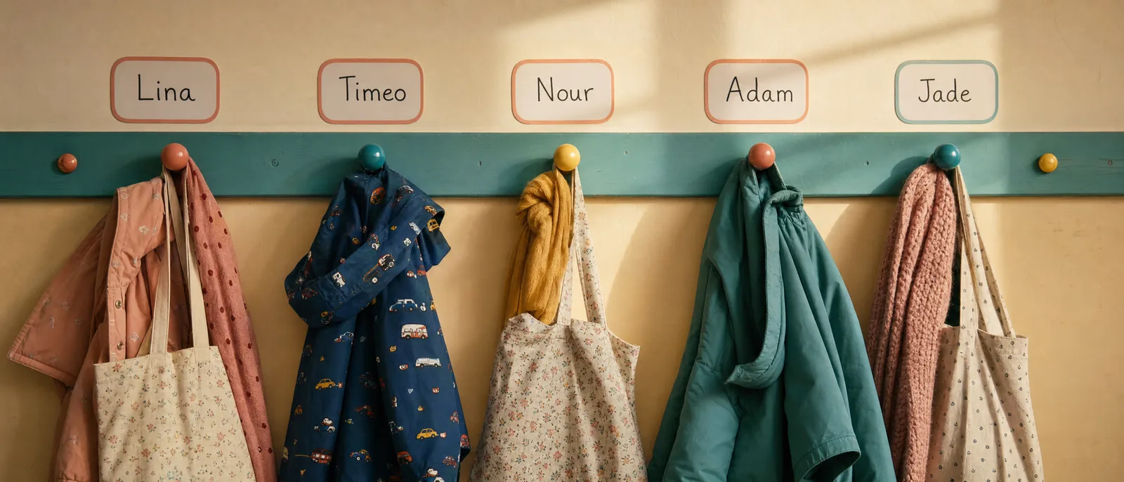 Des porte-manteaux d'école aux patères colorées, une étiquette de prénom au-dessus de chacun