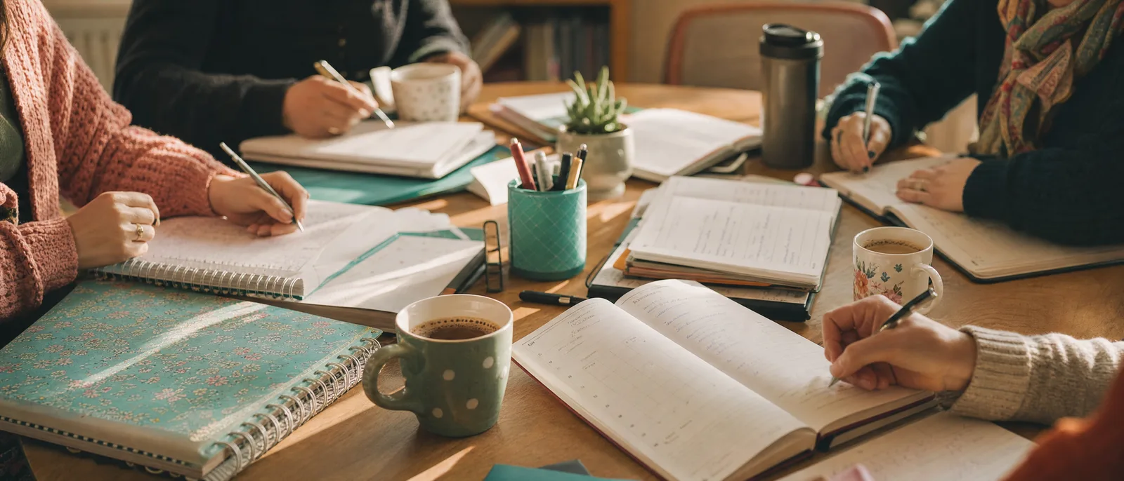 Une table de salle des maîtres pendant une réunion, agendas ouverts et cafés