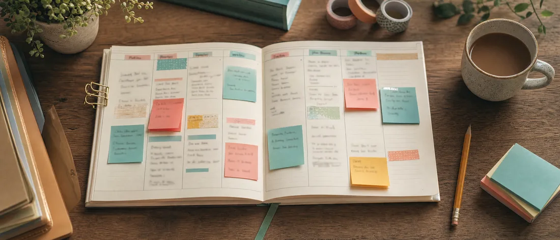 Un semainier papier avec colonnes et notes colorées, vu de dessus